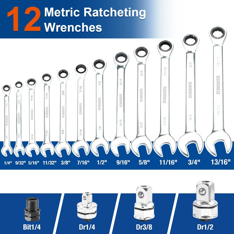 SORAKO 12 Piece Ratcheting Wrench Set  SAE 1/4-13/16 Chrome Vanadium Steel Wrenches  Combination Wrench Set for Car Repair and Household Equipment Repair with Handbag - Image 2